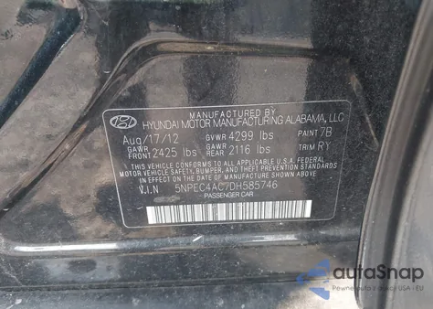 2013 Hyundai Sonata Se из США, поврежденный, VIN 5NPEC4AC7DH585746